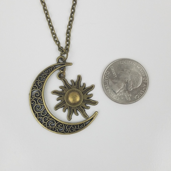 BRONZE Crescent Moon Sun Boho Pendant Necklace - Picture 3 of 4